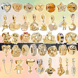 925 Argento Fit Pandora Charm Stella d'oro Luna Corona Catena di sicurezza Ciondolo Perlina Ciondola Charms Moda Set Ciondolo Gioielli fai da te perline fini