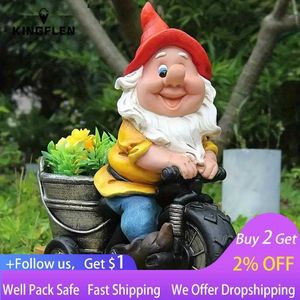 Garden Decorations 1pc Resin Dwarf Statue Gnome Ornament Dwarf On Tricycle Craft Bird Feeding Ornament For Garden Yard Lawn Patio Outdoor Decor L230714