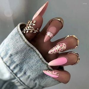 Falska naglar 3D Fake Accessories Pink Leopard Print French Almond Tips Diy Manicure Faux Ongles Press On Acrylic Nail Supplies