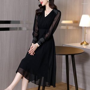 Casual Dresses Herbst Koreanische Mode Damen Kleid Langer Rock V-Ausschnitt A-Typ Dünne Taille Gedruckt Chiffon Seide Weibliche Frau Kleidung