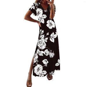 Vestidos casuais moda floral estampado férias maxi para mulheres verão manga curta império cintura fenda alta solto vestido pulôver longo vestido