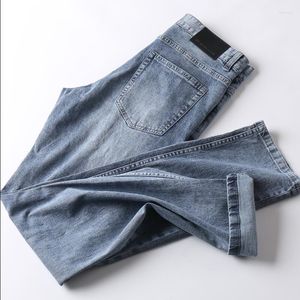 Calças jeans masculinas de verão finas e macias, confortáveis, respiráveis, malha, repelente, fibra, masculinas, finas, casuais, denim, perna reta