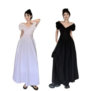 Kobiety z krótkim rękawem w szyku w wysokim rękawie Drapped Maxi Long A-line sukienka SM