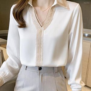 Women's Blouses Loose Fit Shirt Lapel V-neck Stylish Pullover Embroidered Work Blouse For Thin Workwear 3