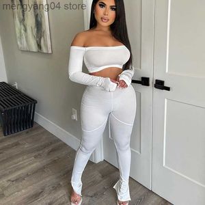 Women's Two Piece Pants Sexy Knit Rib 2 Piece Sets Womens Outfits Sportwear Slash Neck Crop Top and Split Flare Pants Matching Set Casual Tracksuit Yoga T230714