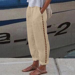 Kvinnor Pants Women Cotton Line Lose Wide Leg 2023 Spring Summer Casual Solid Drawstring Elastic Midje Comfy Trousers ihålig design