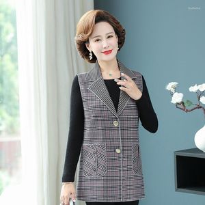 Kvinnors västar 2023 Spring Autumn Women Loose Button Long Plaid Vest Lady ärmlöst Blazer Office Kvinnlig elegant väst