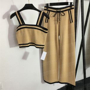 Pantaloni con gilet a maglia lavorata a maglia da donna Set da 2 pezzi Canotta firmata Canotta con coulisse Elastico a vita alta Pantalone a gamba larga Stile da vacanza