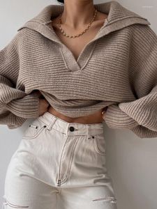 Women's Sweaters Turn-Down Collar Loungewear Pullovers Autumn Winter Long Lantern Sleeve Solid Looes Fit Ladies Streetwear Drop
