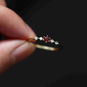 925 Sterling Silver French Simple Red Crystal Ring Women Small Cute Proposal 14k Gold Gold Plated Jewelry Girlfriend Gift L230704