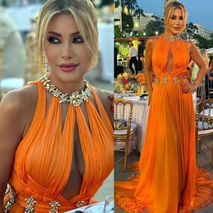 Sexy orangefarbenes Chiffon-Abschlussball-Partykleid in A-Linie für Frauen, Stehkragen mit funkelnden Perlen, bodenlang, formelle Geburtstags-Abendkleider Mal Mal Mal mal