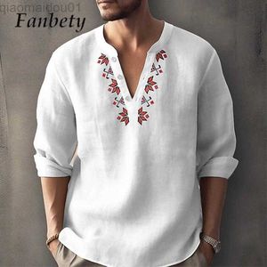 Men's T-Shirts Vintage Men's Henley T-shirt Spring V-neck Geometric Print Thin Shirts Casual Simple Long Sleeve Loose Mens Clothing Streetwear L230713