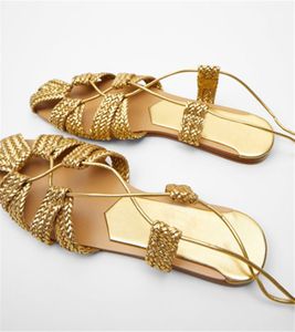 GAI Goldene Gestrickte Frauen Sandalen Cross Strap Sommer Strand Schuhe Frau Aushöhlen Flache Slipper Lace-up Wohnungen Böhmischen Rutschen 230713 GAI