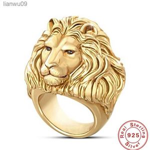 Anello in argento 925 Hip Hop Testa di leone Anello in oro 18 carati da uomo Punk Gioielli Hiphop L230704