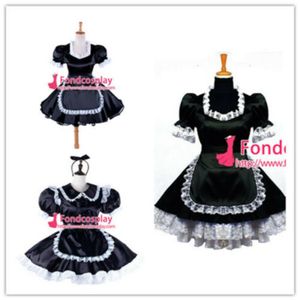 Sissy Maid Uniforme de Cetim Preto Vestido Trancado Traje de Cosplay para Exposição de Animação Férias na Praia Sexy Prom Night Dresses2060