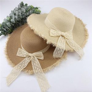 Szerokie brzegowe czapki słomkowe kapelusz dla kobiet letnie koronkowe wyjście słońce Słońce Small Bow Shading Beach Seaside Visor Travel L5