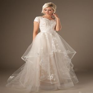 Abiti da sposa country modesti maniche ad aletta scollo a cuore applicazioni di pizzo abiti da sposa formali occidentali a-line fast custom281W