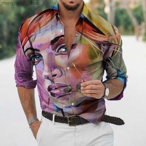 Camicie casual da uomo Camicie a maniche lunghe da uomo autunno Camicie con bottoni sul risvolto Camicie con stampa di bellezza per uomo Streetwear Hip Hop Abbigliamento Harajuku Camicetta unisex T230714