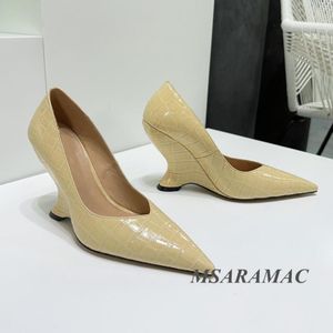 Dress Shoes Fashion Light Yellow Crocodile Leather Pinted Toe Wedge Real Women's High Heels Formal Pumps Brand