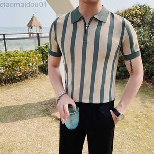 Men's T-Shirts High fashion personality zipper lapel casual T-shirt men's summer retro stripe color contrast knitting short sleeve polo shirt L230713