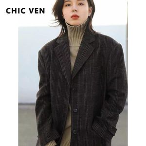 Jackets Chic Ven Women Wool Blended Coat Retro Wide Shoulder Plaid Jacket Medium Long Ladies Overcoat Female Tops Autumn Winter 2022