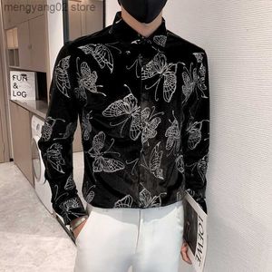 Men's Casual Shirts Spring Butterfly Print Velour Shirts For Men High-end Long-Sleeved Slim Fit Mens Dress Shirt Prom Party Stage Camisas De Hombre T230714