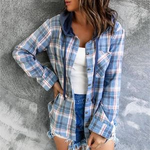 Dames Blouses 2023 Lente Herfst Plaid Shirt Dames Hooded Button Up Vrouwelijke Dames Losse Geruite Top Voor