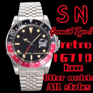 SN 16710 Retro Greenwich Type II GMT Luxury Men's Watch 2836-2 Механическое движение 904L из нержавеющей стали 40-мм двойной временной бизнес-полоса Casual Five Five Five