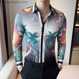 Men's Casual Shirts Men Long Sleeve Shirt Dress Casual Buttons Down Slim Fit Male Hawaiian Printed Shirts Blouse Club Prom Mens Korean Social Shirt T230714