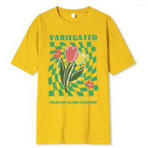 T-shirts masculinas Tulipas variegadas Verde Grid Print T-Shirt Men Algodão T-shirts de manga curta Casual respirável Tops Padrão Tee Tees Homem