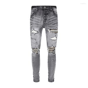 Erkek kot pantolon yüksek sokak moda erkekler retro gri elastik streç sıska yırtık kamuflaj yamalı tasarımcı hip hop marka pantolon