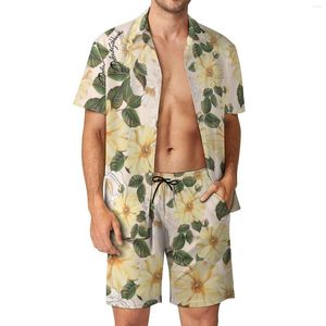 Fatos de treino masculinos com estampa de flores amarelas conjuntos masculinos de folhas verdes conjunto de camisas casuais vintage férias shorts verão padrão terno 2 peças de roupas mais