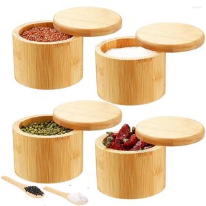 Storage Bottles Kitchen Bamboo Spice Jar Salt Pepper Bowl Box Cellar Container Divided Built-in Serving Spoon Avoid Dust Round