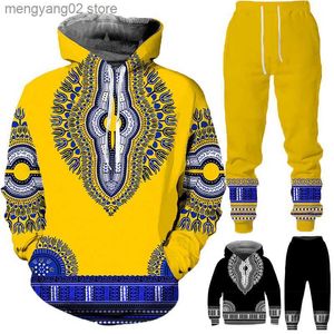 Erkek Trailsits Yeni 3D Afrikalı Baskı Hoodie Sıradan Aile Kıyafetleri Erkek Kızlar Vintage Hip Hop Sweatshirt+Pantolonlara Uygun Erkek Trailsuit Seti T230714