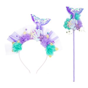 Sirena Bambina in plastica Fascia per capelli Set di bastoncini magici Fermaglio per capelli Paillettes Coda di pesce Stella marina Forcina Accessori per capelli per cartoni animati Bambini