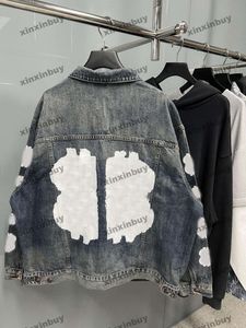 xinxinbuy Men designer Coat Jacket Paris Graffiti destroyed Denim jacket long sleeve women khaki blue XS-2XL