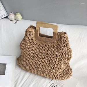 Borse da viaggio Borsa da spiaggia quadrata con manico in legno Paglia intrecciata estiva di grande capacità Viaggio da donna di alta qualità di alta qualità