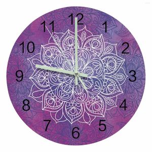 Orologi da parete Viola Acquerello Mandala Luminoso Puntatore Orologio Ornamenti per la casa Rotondo Silenzioso Soggiorno Camera da letto Arredamento per ufficio