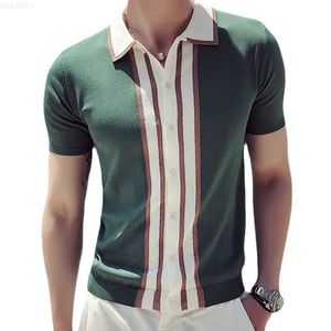 Men's T-Shirts New Mens Knitted Polo Shirts Button Cardigan Spring Summer Fashion Slim Fit Short Sleeve Patchwork Men Knitting Shirt Tops Male L230715