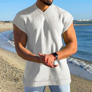 Herrtankstoppar 2023 Spring Summer Men V-ringning Waffle Vest T-shirt ärmlös solid Casual Loose Tee Fashion Male Tshirts Tank Tops Streetwear L230715