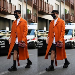 Men Long Cotton Coat Autumn Winter Tailored Wool Blend Pure Color Casual Business Fashion Slim Jacket Men Clothing