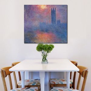 Canvas Wall Art Houses of Parliament London Sun Breaking Through Claude Monet Painting Handmade Oil Artwork Modern Studio Decor