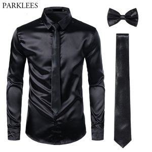 Erkekler Siyah Erkek İpek Elbise Gömlek 3pcs gömlek kravat bowtie pürüzsüz saten gömlek erkekler ince fit partisi balo balo sosyal camisa 230715