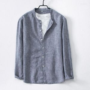 Mäns casual skjortor linne långärmad skjorta sålde färg tunna löst kinesiska stil stativ krage toppar blus manliga kläder