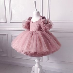 Mädchen Kleider Sommerkleid 1 Jahr Blumenmädchen Rosa Puffy Kid Tutu Taufe Prinzessin Vestido Kleinkind Geburtstag Kinder Taufe Babykleidung 230714