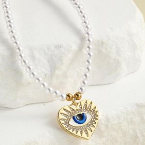 Pendant Necklaces Love Heart Evil Blue Eye Gold Color Imitation Pearl Necklace For Women Stainless Steel Clasp Collars