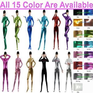 15 Cores Brilhante Lycra Metalizado Catsuit Feminino Traje Frontal Longo Zíper Sexy Feminino Collants Trajes de Terno Festa de Halloween 285 anos