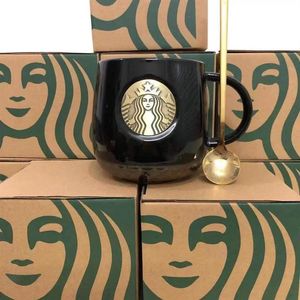 414ML Starbucks Mugs Kiss Cups with Spoon Couple Ceramic Mug Married Couples Anniversary Mermaid Bronze Medallion Gift Products248T