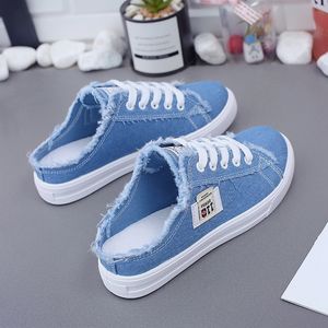 Dress Shoes Summer Autumn Women Canvas Shoes Flat Sneakers Casual Baotou Half Slipper Low Upper Lace Up White Footwear Youth Girls Slides 230714