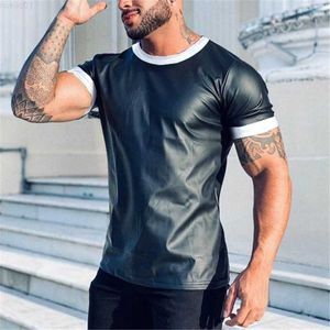 Мужские футболки роскошные черные атласные мужские футболка с коротким рукавом круглая шея мужские топы Tee 2023 Summer Fashion Men Slim Fit Tshirt Streetwear L230715